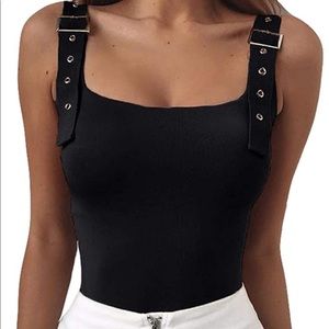 Black Trendy Grommet Buckle Bodysuit